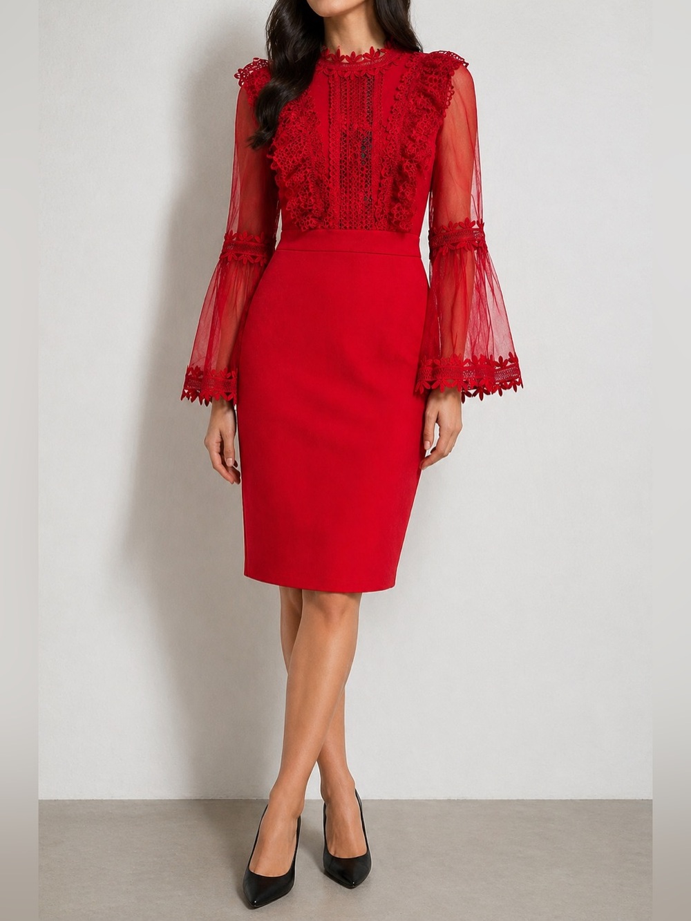 Fashion Nova Red Lace Bell Sleeve Midi Dress NWT S